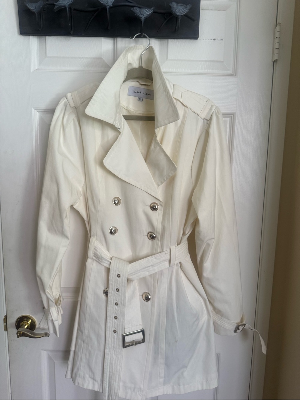 Black Rivet Cream Double-Breasted Trench Coat with Belt